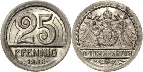 Proben und Abschläge Kleinmünzen
 25 Pfennig 1908 D Kupfer-Nickel. Rand geriffelt. 23,1 mm, 4,00 g Schaaf 18G12 Slg. Beckenbauer - Seltenes und prach...