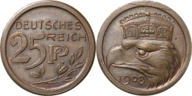 Proben und Abschläge Kleinmünzen
 25 Pfennig 1908 D, (K. Goetz) Kupfer. Glatter Rand. 22,5 mm, 4,29 g Schaaf 18G31 Slg. Beckenbauer 3167 Kienast 78 V...