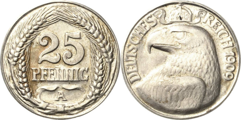 Proben und Abschläge Kleinmünzen
 25 Pfennig 1909 A Kupfer versilbert. Glatter ...