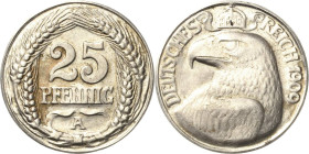 Proben und Abschläge Kleinmünzen
 25 Pfennig 1909 A Kupfer versilbert. Glatter Rand. 23,0 mm, 4,12 g Schaaf 18G45 Slg. Beckenbauer 3181 Selten. Leich...