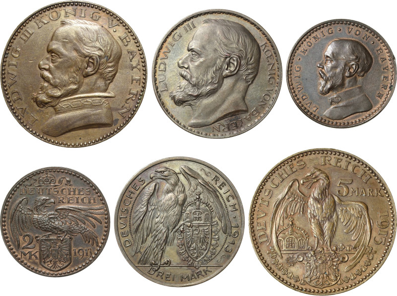 Proben und Abschläge Bayern
Ludwig III. 1913-1918 5, 3 und 2 Mark 1913, o. Mzz....