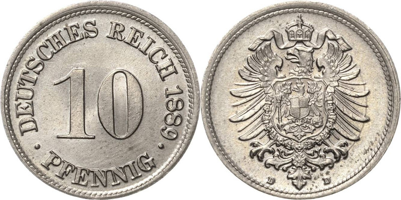 Kleinmünzen
 10 Pfennig 1889 D Jaeger 4 Prachtexemplar. Stempelglanz