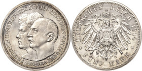 Anhalt
Friedrich II. 1904-1918 5 Mark 1914 A Silberhochzeit Jaeger 25 Kl. Kratzer, Polierte Platte-