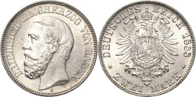 Baden
Friedrich I. 1856-1907 2 Mark 1888 G Jaeger 26 Prachtvolles Exemplar. Selten in dieser Erhaltung. Fast Stempelglanz/Stempelglanz