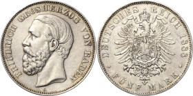 Baden
Friedrich I. 1856-1907 5 Mark 1888 G Jaeger 27 Seltener Jahrgang. Rand bearbeitet, sehr schön