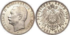 Baden
Friedrich II. 1907-1918 3 Mark 1915 G Jaeger 39 Seltener Jahrgang. Kl. Kratzer, vorzüglich-Stempelglanz