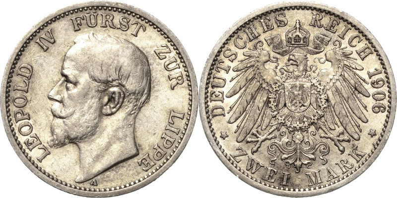 Lippe
Leopold IV. 1904-1918 2 Mark 1906 A Jaeger 78 Sehr schön+
