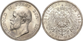 Lippe
Leopold IV. 1904-1918 3 Mark 1913 A Jaeger 79 Min. Randfehler, fast Stempelglanz