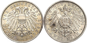 Lübeck
 2 Mark 1904 A Jaeger 81 Schrötlingsfehler am Rand, vorzüglich-Stempelglanz