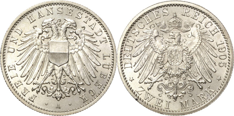 Lübeck
 2 Mark 1905 A Jaeger 81 Kl. Randfehler, fast Stempelglanz