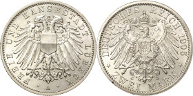 Lübeck
 2 Mark 1905 A Jaeger 81 Kl. Randfehler, fast Stempelglanz