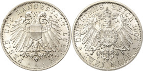 Lübeck
 2 Mark 1907 A Jaeger 81 Kl. Randfehler, vorzüglich-Stempelglanz