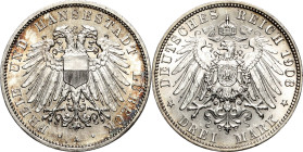 Lübeck
 3 Mark 1908 A Jaeger 82 Prachtvolles Exemplar. Min. Randfehler, fast Stempelglanz/Stempelglanz