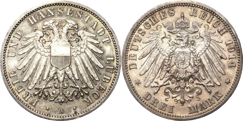 Lübeck
 3 Mark 1914 A Jaeger 82 Seltener Jahrgang. Kl. Randfehler, fast vorzügl...