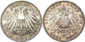 Lübeck
 3 Mark 1914 A Jaeger 82 Seltener Jahrgang. Kl. Randfehler, fast vorzüglich/vorzüglich-Stempelglanz