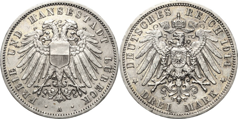 Lübeck
 3 Mark 1914 A Jaeger 82 Berieben, sehr schön-vorzüglich