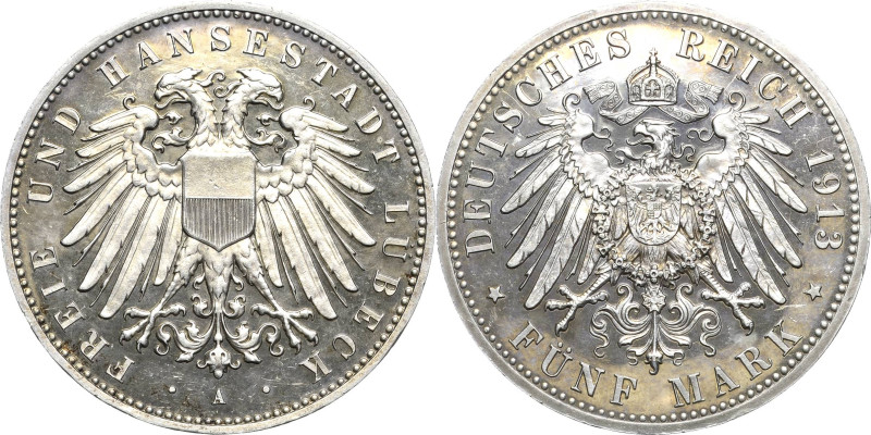 Lübeck
 5 Mark 1913 A Jaeger 83 Prachtexemplar. Min. Berührt, Polierte Platte-...