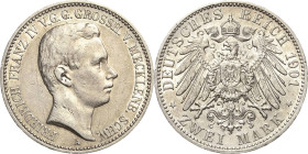 Mecklenburg-Schwerin
Friedrich Franz IV. 1897-1918 2 Mark 1901 A Regierungsantritt Jaeger 85 Avers Kratzer, sehr schön/sehr schön-vorzüglich