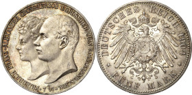 Mecklenburg-Schwerin
Friedrich Franz IV. 1897-1918 5 Mark 1904 A Hochzeit Jaeger 87 Winz. Randfehler, fast Stempelglanz/Stempelglanz