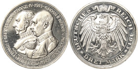 Mecklenburg-Schwerin
Friedrich Franz IV. 1897-1918 3 Mark 1915 A Jahrhundertfeier Jaeger 88 Kl. Kratzer, Polierte Platte