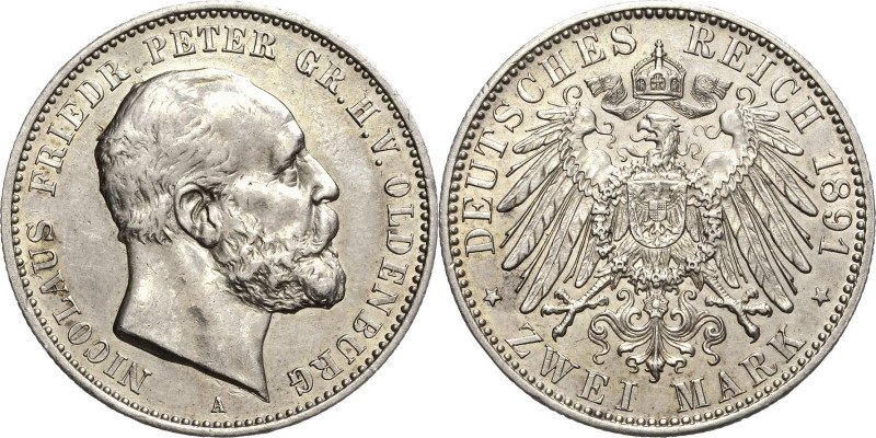Oldenburg
Nicolaus Friedrich Peter 1853-1900 2 Mark 1891 A Jaeger 93 Avers leic...