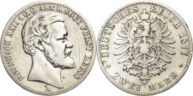 Reuss-Ältere Linie
Heinrich XXII. 1859-1902 2 Mark 1877 B Jaeger 116 Avers Kratzer, schön-sehr schön