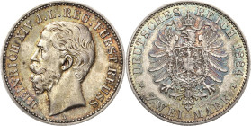 Reuss-Jüngere Linie
Heinrich XIV. 1867-1913 2 Mark 1884 A Jaeger 120 Fast vorzüglich/vorzüglich-Stempelglanz
