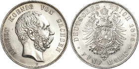 Sachsen
Albert 1873-1902 5 Mark 1875 E Jaeger 122 Fast vorzüglich/vorzüglich-Stempelglanz