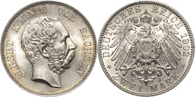 Sachsen
Albert 1873-1902 2 Mark 1902 E Jaeger 124 Prachtvolles Exemplar. Kl. Randfehler, minimale Kratzer, fast Stempelglanz