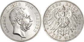 Sachsen
Albert 1873-1902 5 Mark 1899 E Jaeger 125 Auflagenhöhe: Nur 74.260 Exemplare. Seltenes und prachtvolles Exemplar. Kl. Kratzer, Stempelglanz