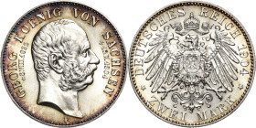Sachsen
Georg 1902-1904 2 Mark 1904 E Auf seinen Tod Jaeger 132 Prachtexemplar mit feiner Patina. Fast Stempelglanz/Stempelglanz