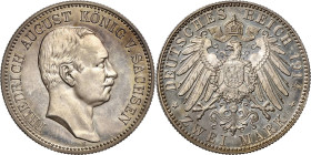 Sachsen
Friedrich August III. 1904-1918 2 Mark 1914 E Jaeger 134 Prachtvolles Exemplar mit feiner Patina. Minimal berührt, Polierte Platte