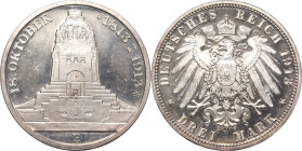 Sachsen
Friedrich August III. 1904-1918 3 Mark 1913 E Völkerschlachtdenkmal Jaeger 140 Avers kl. Kratzer, Polierte Platte