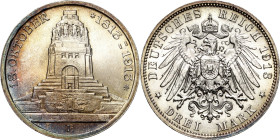 Sachsen
Friedrich August III. 1904-1918 3 Mark 1913 E Völkerschlachtdenkmal Jaeger 140 Prachtvolles Exemplar mit feiner Patina. Fast Stempelglanz/Ste...