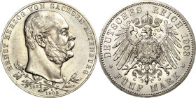 Sachsen-Altenburg
Ernst 1853-1908 5 Mark 1903 A Regierungsjubiläum Jaeger 144 Min. Randfehler, vorzüglich-Stempelglanz