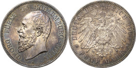 Schaumburg-Lippe
Georg 1893-1911 5 Mark 1904 A Jaeger 165 Prachtvolles Exemplar mit feiner Patina. Stempelglanz