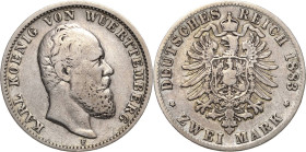 Württemberg
Karl 1864-1891 2 Mark 1883 F Jaeger 172 Seltener Jahrgang. Fast sehr schön