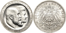 Württemberg
Wilhelm II. 1891-1918 3 Mark 1911 F Silberhochzeit - Hoher Querstrich im H Jaeger 177 b Selten. Fast prägefrisch