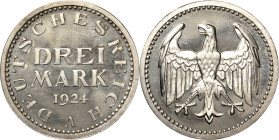 3 Mark 1924 A Kursmünze Jaeger 312 Min. berührt, Polierte Platte