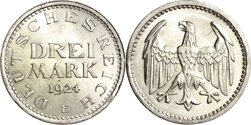 3 Mark 1924 E Kursmünze Jaeger 312 Fast Stempelglanz
