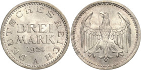 3 Mark 1924 A Kursmünze Jaeger 312 Selten. Prägefrisch