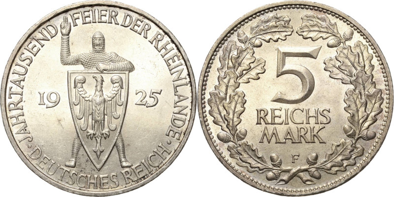 5 Reichsmark 1925 F Rheinlande Jaeger 322 Min. Randfehler, fast Stempelglanz