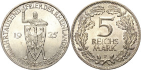 5 Reichsmark 1925 F Rheinlande Jaeger 322 Min. Randfehler, fast Stempelglanz