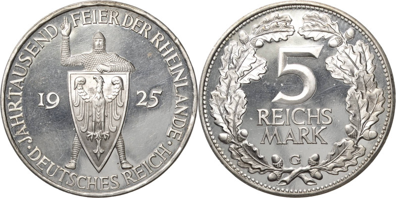 5 Reichsmark 1925 G Rheinlande Jaeger 322 Kl. Randfehler, Polierte Platte-