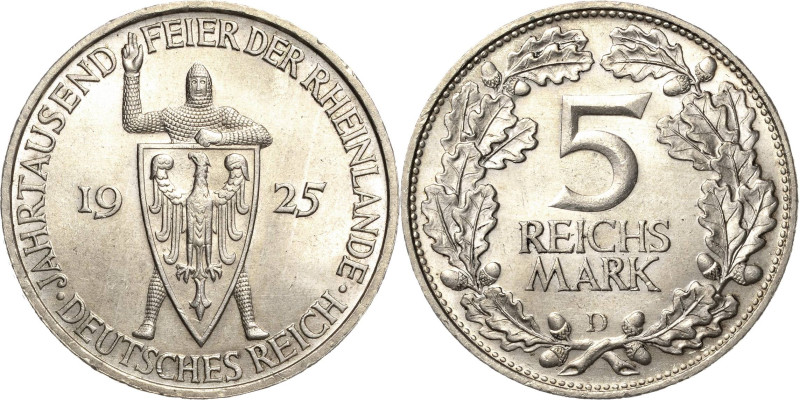 5 Reichsmark 1925 D Rheinlande Jaeger 322 Vorzüglich-Stempelglanz