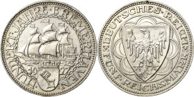 5 Reichsmark 1927 A Bremerhaven Jaeger 326 Vorzüglich-Stempelglanz