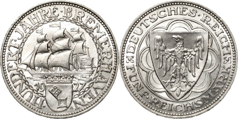 5 Reichsmark 1927 A Bremerhaven Jaeger 326 Kl. Kratzer, vorzüglich-Stempelglanz
