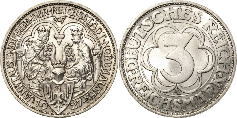 3 Reichsmark 1927 A Nordhausen Jaeger 327 Vorzüglich-Stempelglanz