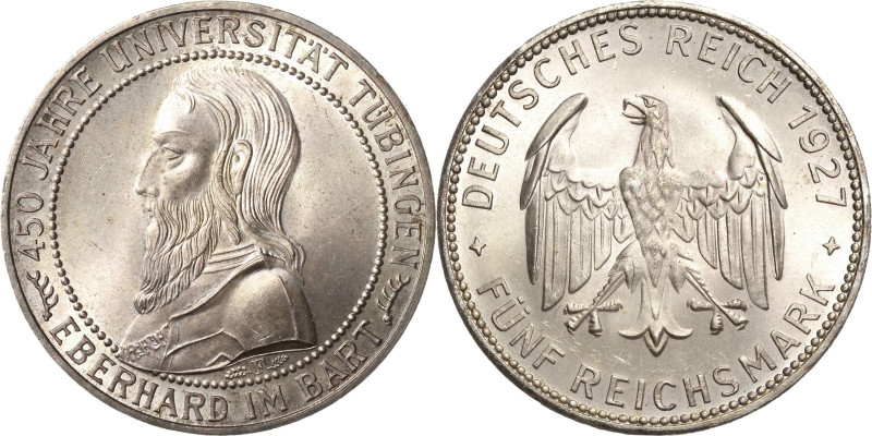 5 Reichsmark 1927 F Tübingen Jaeger 329 Min. Randfehler, vorzüglich-Stempelglanz...