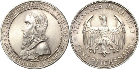 5 Reichsmark 1927 F Tübingen Jaeger 329 Kl. Kratzer, vorzüglich-Stempelglanz
